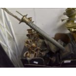 Box of metalware, scales, pair of candle sticks,