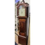 George III oak and mahogany eight day longcase clock, swan neck pediment with brass roundels,