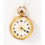 A ladies 9ct gold fob watch, pink and gilt enamel dial, diameter approx 29mm, foliate engraved case,
