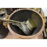 Oak bucket, having armorial decoration, brass binding, leather covered rope handle,