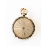 A circa 1900 lady's Swiss gold key wind fob watch, 3cm machine engraved silvered dial,