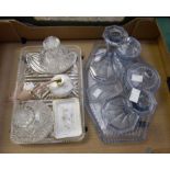 A blue glass six piece dressing table set together with a clear glass part set,