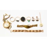 Collection of gold items including an 18ct diamond set pin, ( on 9ct gold pin bar) 9ct gold watch,