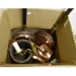 Two Georgian copper warming pans, copper bound barrel water jug, copper kettle, brass weights,