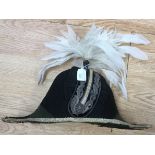 A hat of historical interest, Seafarer's hat, marked Bicorn, white plume feathers,