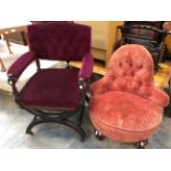 A late 19th Century red upholstered X framed chair, with a deep buttoned back,