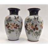 Pair of early 20th Century Langley vases light blue ground with garden birds and flowers A/F