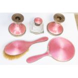 Birmingham early 20th Century pink turned enamel dressing table set,