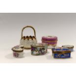 Five trinket boxes and Coalport basket,