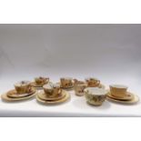 A Royal Worcester blush ware floral painted tea set for six, circa 1900, comprising of cups,