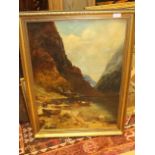 Continental school (19th Century) scene with figures Mountain lake plus cattle in a boat,