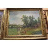Late-19th/early-20th Century oil on board, rural farming scene with figures working, gilt frame,