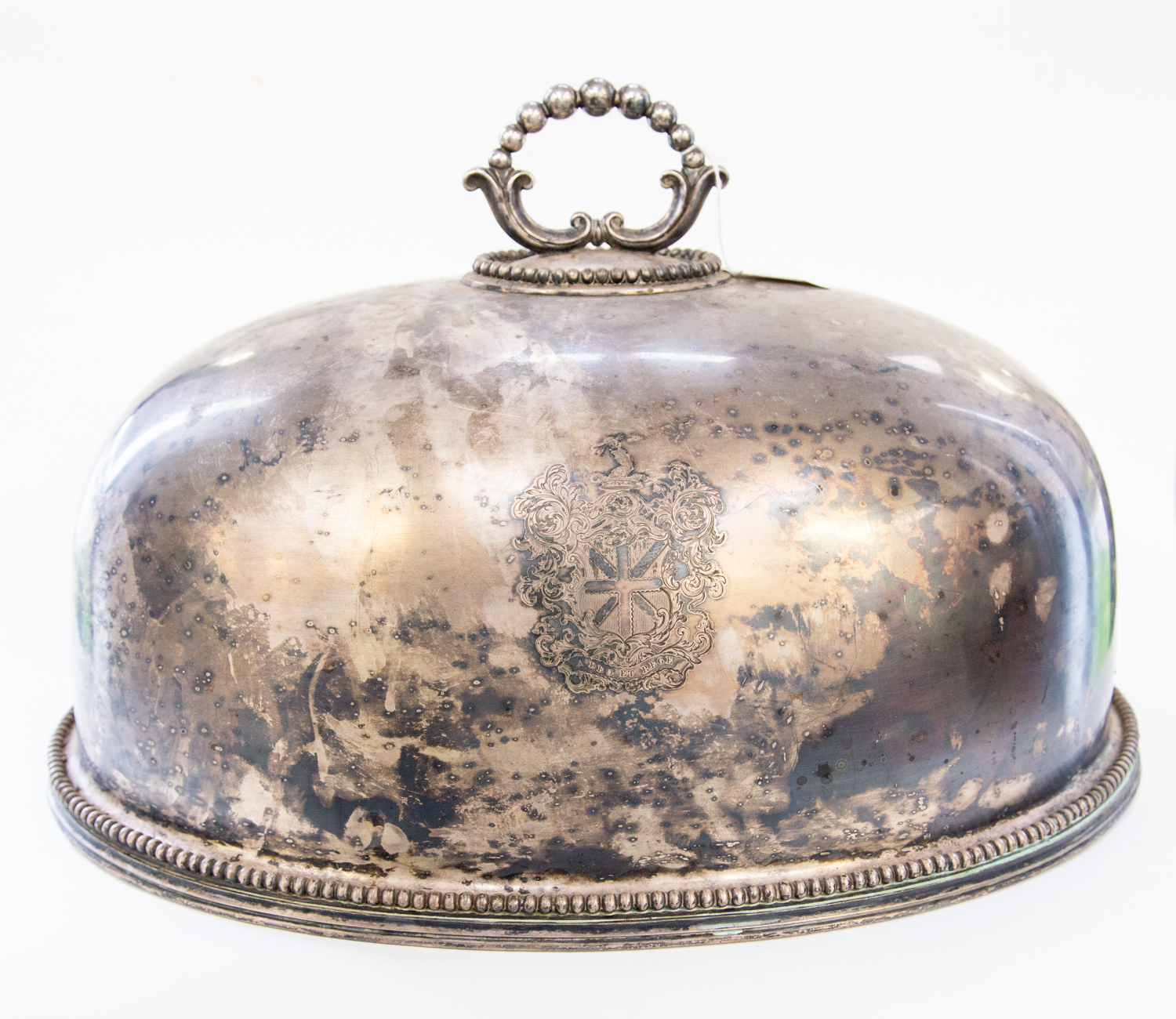 A 19th Century large plated oval meat dish cover with heraldic crest.