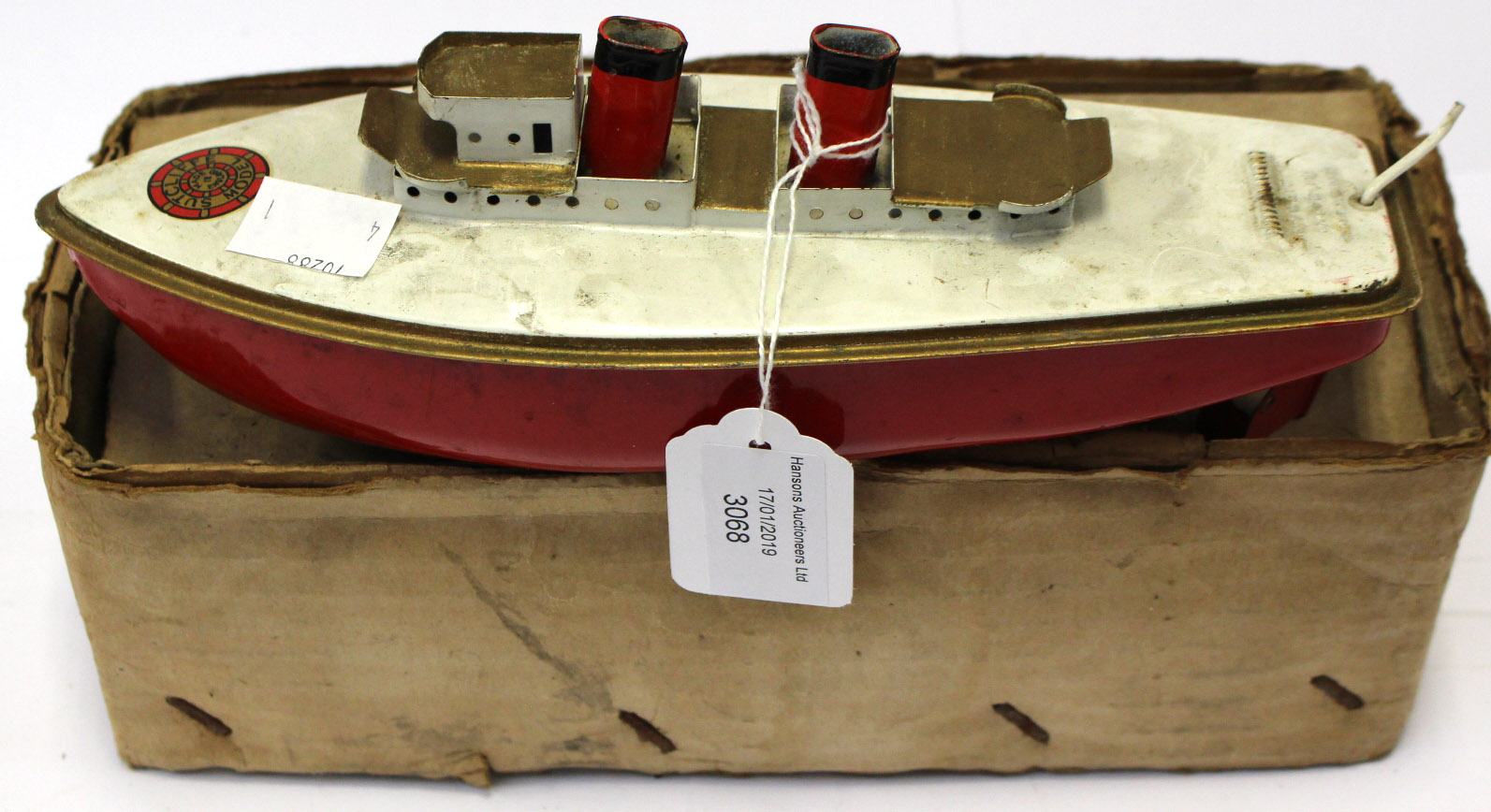 Sutcliffe Viking Steam Boat: clockwork, tinplate, working order with replacement key,