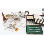 EPNS 3 piece tea service, toast rack etc,