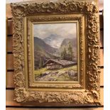 Late 19th early 20th Century Alpine landscape with log cabin, indistinctly signed I.