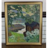 Harald Lindberg (1895-1977) River landscape with buildings, oil on canvas, signed and dated '52,