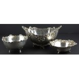 A continental silver bowl, of navette form, the raised ends with pierced flower and scrolling leaf