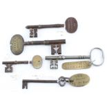 A collection of 5 antique keys, marked LMS Finishing Repairs shop, Sir Thomas Cochrane Mausoleum,