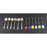 A set of six silver and enamel coffee spoons, by Henry Clifford Davis, assayed Birmingham 1937, each