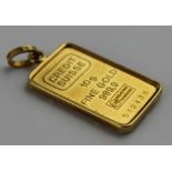 A Credit Suisse 24 carat gold 10g ingot pendant, 999.9 purity, impressed serial number, with