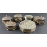 Six assorted Burmese silver boxes, various shapes and sizes, each with engraved and embellished