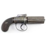 A 19th century six barrel pepper pot pistol with engraved decoration, detailed chequer stock with