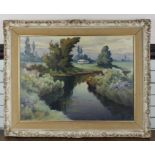 **REOFFER IN APR LONDON 150/200**Mario Pinetti (20th century,) Landscape with pond and dwelling, oil