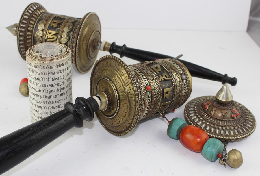 **REOFFER IN APR LONDON 30/50**Two Tibetan brass and silvered prayer wheels, with inscription - Image 4 of 4