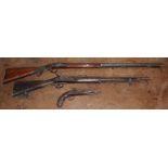 A 19th century flint lock rifle (lacking hammer), 31 inch octagonal and cylindrical steel barrel,