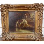 19th century School, Study of a hunting dog taking water in a wooded landscape, oil on board,