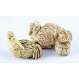 Japanese Meiji Period (1868-1912) ivory netsuke, realistically carved as a crane alongside a hen