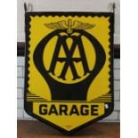 A double sided enamel 'AA Garage' hanging advertising sign with AA emblems, inscribed Franco SW1,