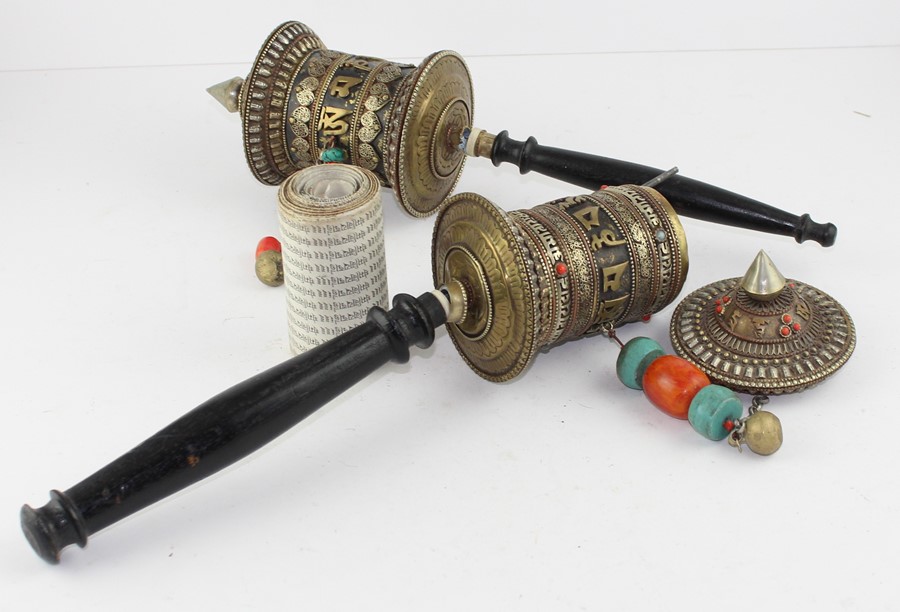 **REOFFER IN APR LONDON 30/50**Two Tibetan brass and silvered prayer wheels, with inscription - Image 3 of 4