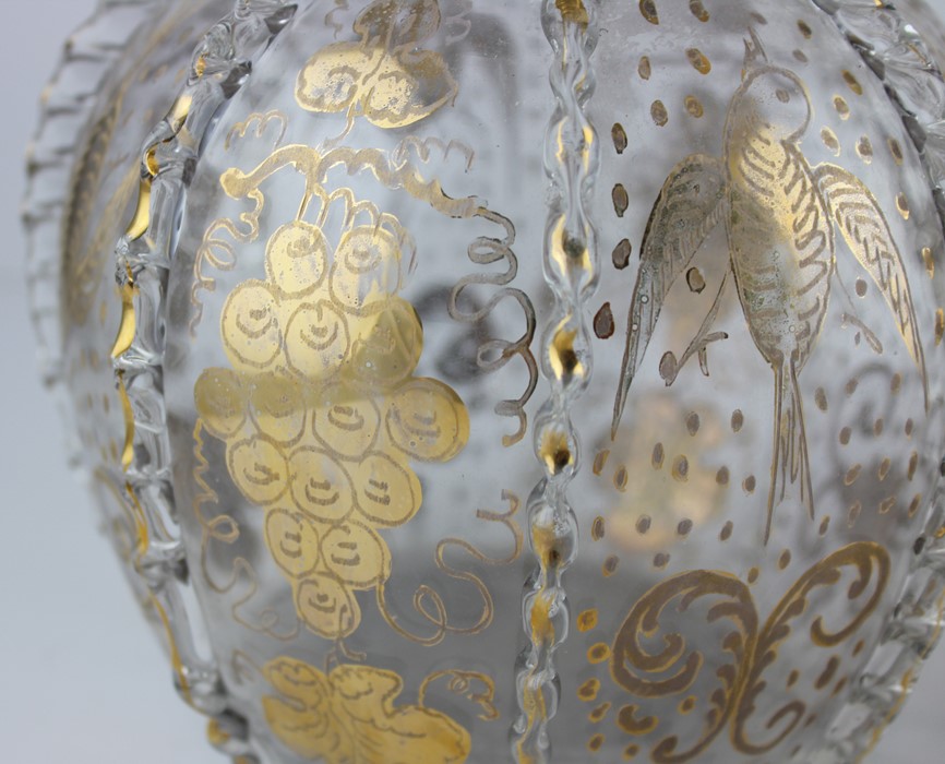 A pair of late 19th cent Continental glass carafes, gilded with birds and floral decoration - Image 3 of 3