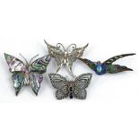 A sterling silver and marcasite butterfly brooch, having pierced wings and gem set eyes, together