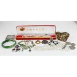 A small collection of costume jewellery, to include; a mottled green jade bangle, a silver and