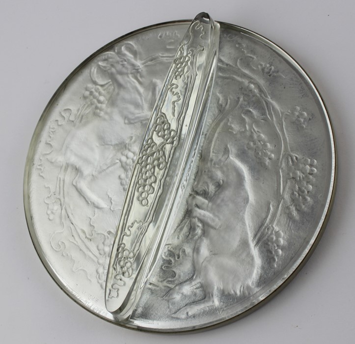 A Lalique glass and white metal mounted circular mirror, the glass work richly decorated with horned - Image 3 of 4