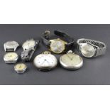 A collection of eight assorted watches, to include two pocket watches, various makers, lot as found.