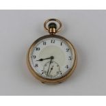 A 9ct. gold pocket watch, having white enamel Arabic numeral dial with subsidiary seconds dial, case