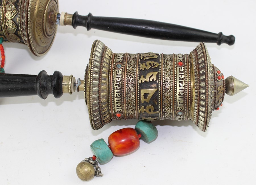**REOFFER IN APR LONDON 30/50**Two Tibetan brass and silvered prayer wheels, with inscription - Image 2 of 4