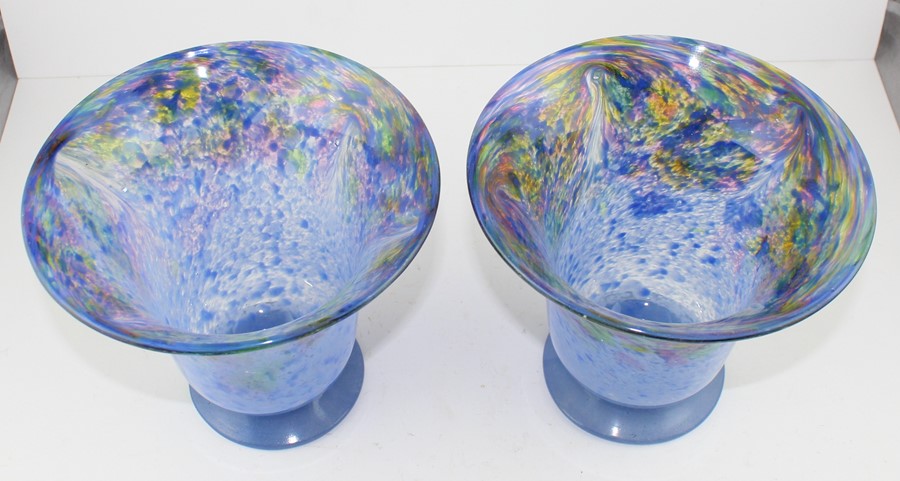 A pair of Monart art glass vases, each of flared form with multicoloured and mottled blue - Image 2 of 3