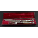 A boxed William IV silver and mother of pearl mounted knife and fork set, by Sansom & Harwood,