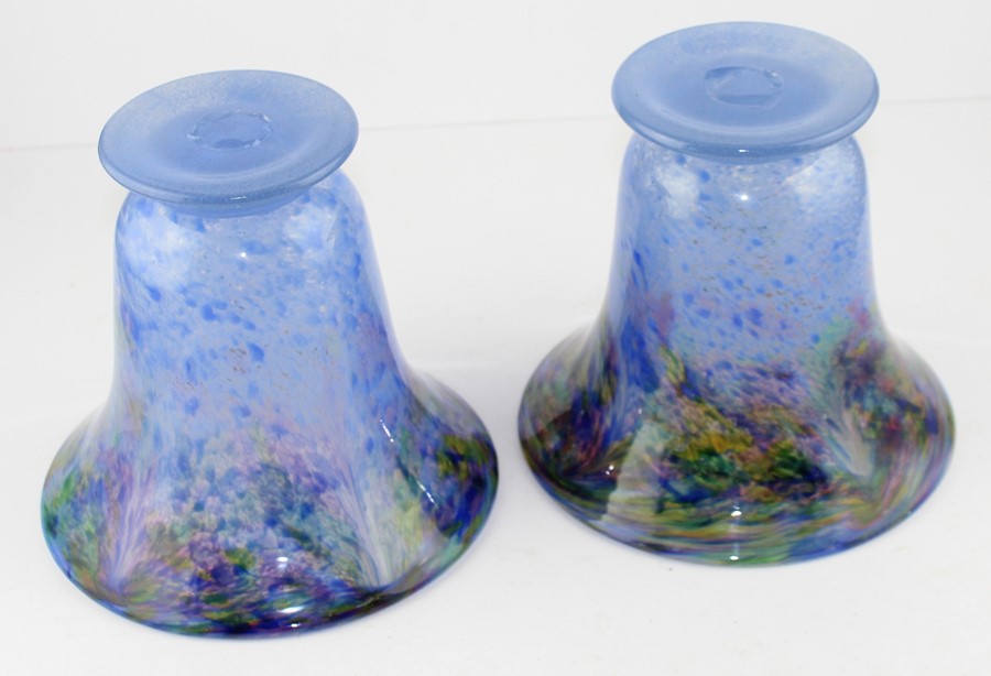 A pair of Monart art glass vases, each of flared form with multicoloured and mottled blue - Image 3 of 3