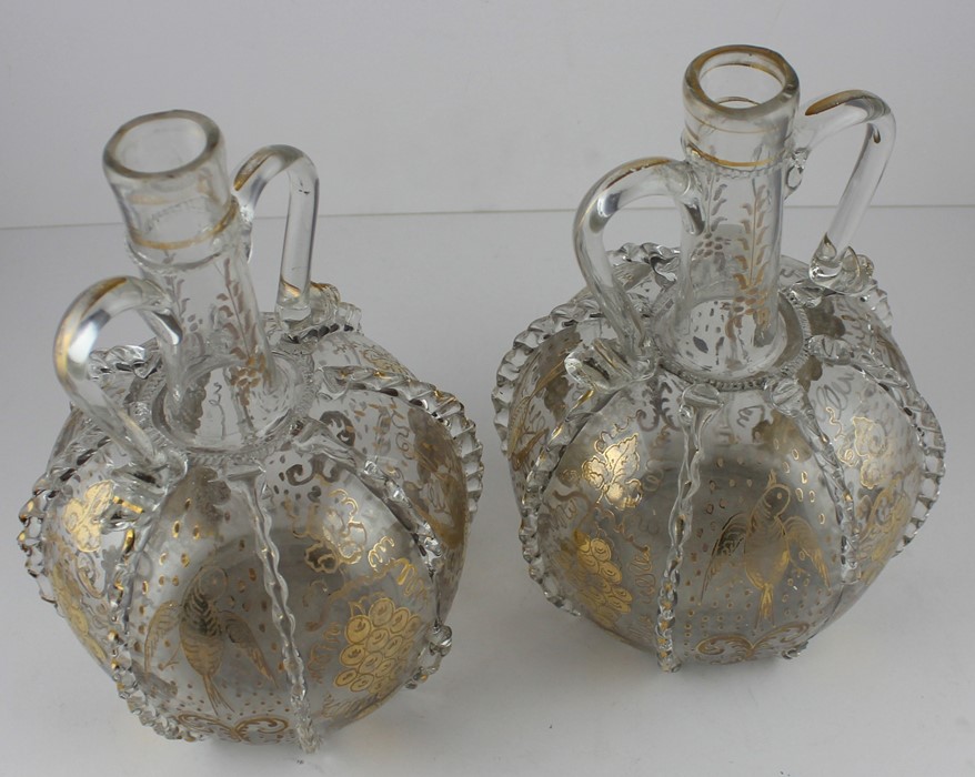 A pair of late 19th cent Continental glass carafes, gilded with birds and floral decoration - Image 2 of 3