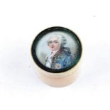 A 19th century European Ivory pill box, the hinged screw top painted with a the bust of nobleman,