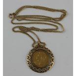 An 1896 Victoria "Old Head" gold sovereign, London mint, within 9ct. gold circular pendant mount,