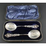 A cased pair of silver serving spoons, by Richard Martin & Ebenezer Hall, assayed Sheffield 1906,