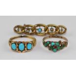 A 9ct. gold and turquoise mourning ring, having flower form mount to centre set small cabochon