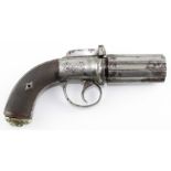 A 19th century six barrel pepper pot percussion cap pistol, tarnished steel  with foliage engraved